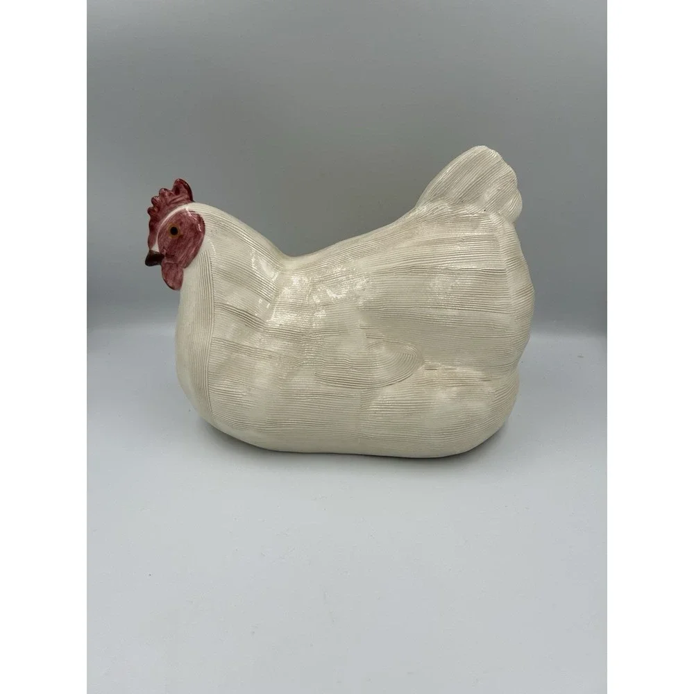 Vintage White Ceramic Chicken Hen Figurine with Red Comb, Approx 9in L x 8in T
